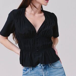 Frame Black Silk Ruched V Neck Blouse Large